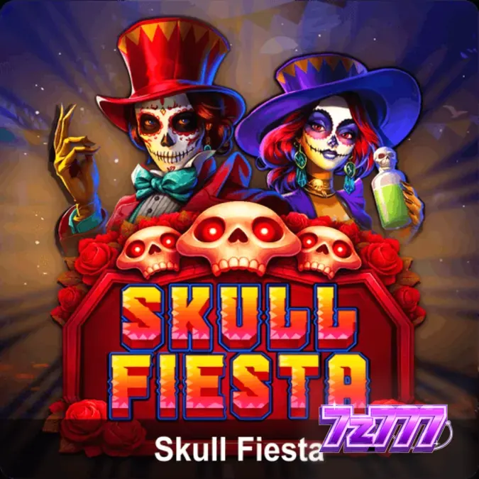 Skull Fiesta স্লট গেমের একটি দৃশ্য যেখানে কবরস্থানের থিম এবং রঙিন খুলি দেখা যাচ্ছে